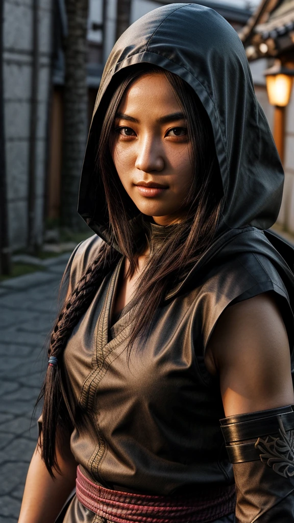 weiblicher Shinobi mit Schulterpanzer, asiatisch, langes schwarzes Haar, braune Augen, mit Kapuze, Netzstrümpfe, ninja garb, Sakura-Hintergrund, Japan