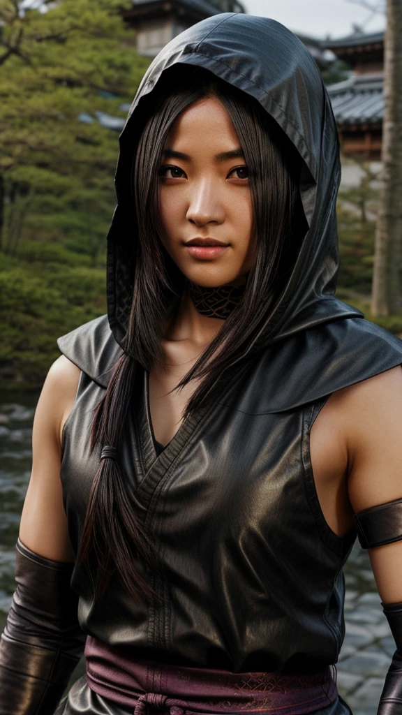 shinobi feminino com armadura de ombro, asiático, cabelo preto comprido, Olhos castanhos, encapuzado, meia arrastão, traje ninja, fundo de sakura, Japão