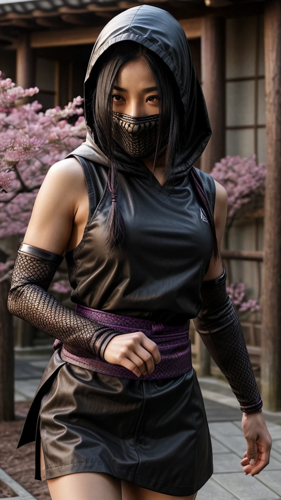 shinobi femelle avec armure d&#39;épaule, asiatique, longs cheveux noirs, yeux marrons, encapuchonné, filets de pêche, costume de ninja, Fond de sakura, Japon