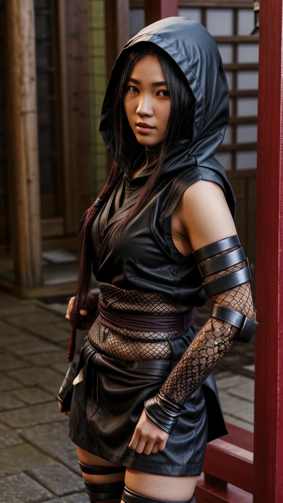 shinobi femelle avec armure d&#39;épaule, asiatique, longs cheveux noirs, yeux marrons, encapuchonné, filets de pêche, costume de ninja, Fond de sakura, Japon