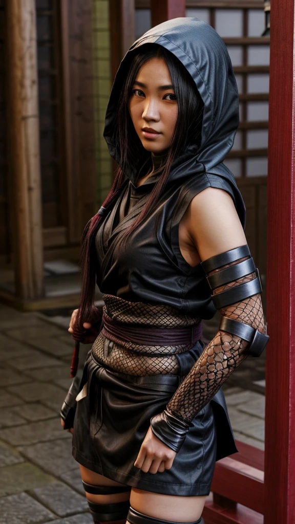 female shinobi with shoulder armor, asian, long black hair, brown eyes, hooded, fishnets, ninja garb, sakura background, japan