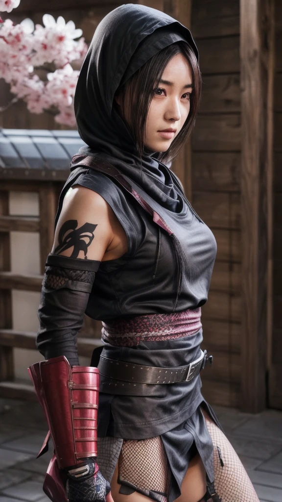 weiblicher Shinobi mit Schulterpanzer, asiatisch, langes schwarzes Haar, braune Augen, mit Kapuze, Netzstrümpfe, ninja garb, Sakura-Hintergrund, Japan