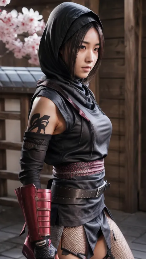 female shinobi with shoulder armor, asian, long black hair, brown eyes, hooded, fishnets, ninja garb, sakura background, japan