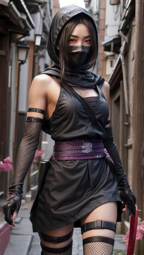 female shinobi with shoulder armor, asian, long black hair, brown eyes, hooded, fishnets, ninja garb, sakura background, japan