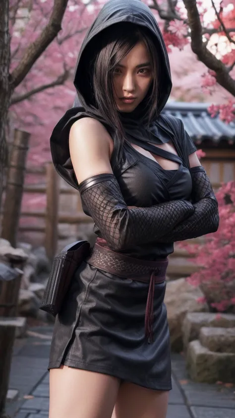 female shinobi with shoulder armor, asian, long black hair, brown eyes, hooded, fishnets, ninja garb, sakura background, japan