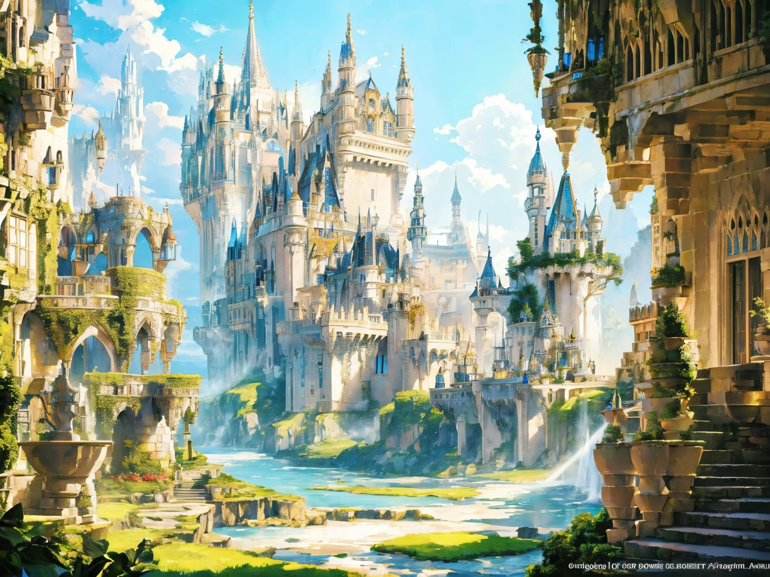 "A breathtaking, colossal white castle set in a vibrant, lush fantasy world named Avalon. The Grand Castle of Avalon is a divine creation, featuring a central tower that rises to one kilometer in height, surrounded by at least twelve major towers with blue pointed roofs and gold details. The castle's walls, standing at 60 meters tall, are pristine white with delicate gold embellishments. The structure is a mix of gothic and fairy-tale architecture, with intricate carvings and ethereal patterns. The roofs of the towers and main buildings are steep and blue, with gold accents shimmering in the sunlight. The castle is encircled by an expansive courtyard filled with exotic plants, colorful flowers, a large hedge maze, and whimsical fairies tending to the greenery. Majestic statues and water features add to the enchanting atmosphere. The entire scene is vibrant and full of life, with a sense of divine beauty and magic."