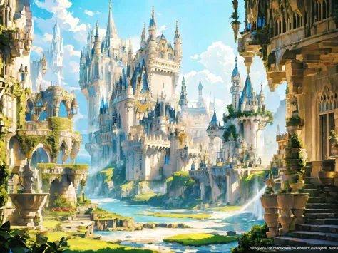 "a breathtaking, colossal white castle set in a vibrant, lush fantasy world named avalon. the grand castle of avalon is a divine...