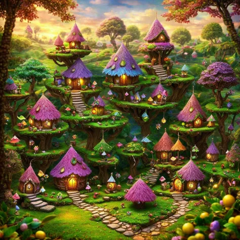 very small elves living in a village with only jackfruit-houses miniature forest, fairy forest, fantasy matte painting，cute, can...