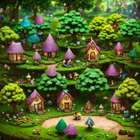 very small elves living in a village with only jackfruit-houses miniature forest, fairy forest, fantasy matte painting，cute, can...