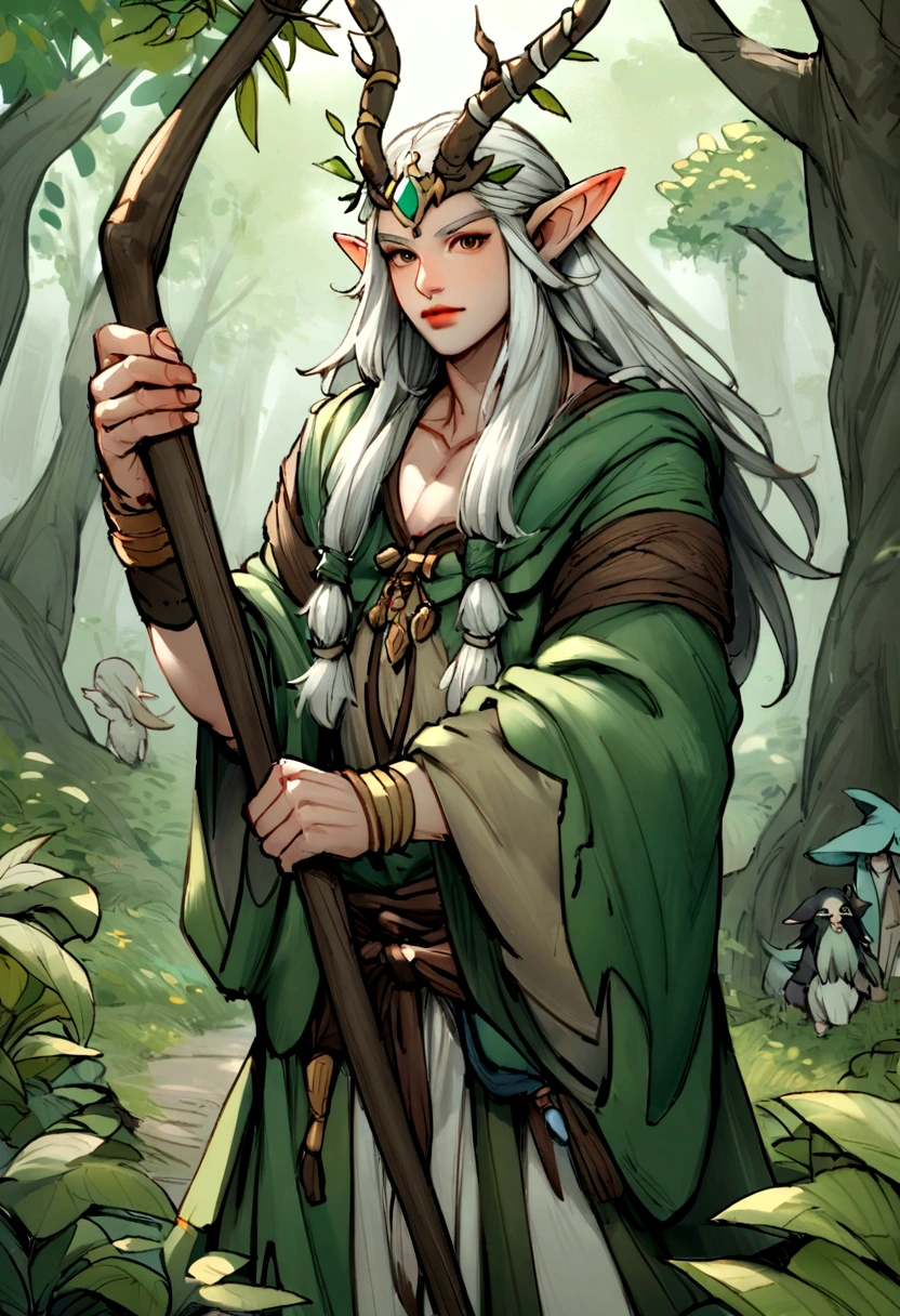 A drawing of a man holding a walking stick in the forest., portrait of a forest Mages, a a druid, of the tree wizard,20 years old,  elf male,elf,  fantasy Mages, Spelling Wizard, nature a druid, elf, a druid, world of warcraft elf a druid, archMages, Mages, เรนเจอร์elfชาย, greatest elf warrior, tree a druid, epic elf warrior