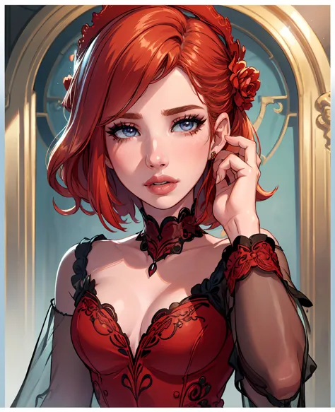 a beautiful, sexy redhead girl Emma roberts, detailed eyes, detailed lips, long eyelashes, elegant dress, princess style, fantas...