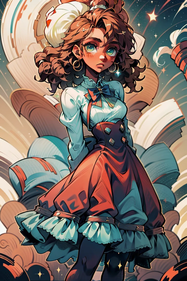 masterpiece, absurdres, 1girl, cowboyshot, tachi-e, mature woman, best aesthetics, medium breasts, wide hips, thick thighs, dark brown hair, curly hair, textured hair, hip-length hair, narrow eyes, dark skin, ankle-length dress, arched nose, soft shading, very detailed face, clean lines, dynamic pose, anatomically correct, hyperdetailed, beautiful lighting, dark atmosphere, dark eyeshadow, good makeup, detailed hair, green eyes, sparkling eyes, telescope, magic, fantasy, medieval, high fantasy, black stockings, comfy, cozy, tareme, medium chest, SFW, long dress, arms behind back, outdoors, constellations in sky, stargazing