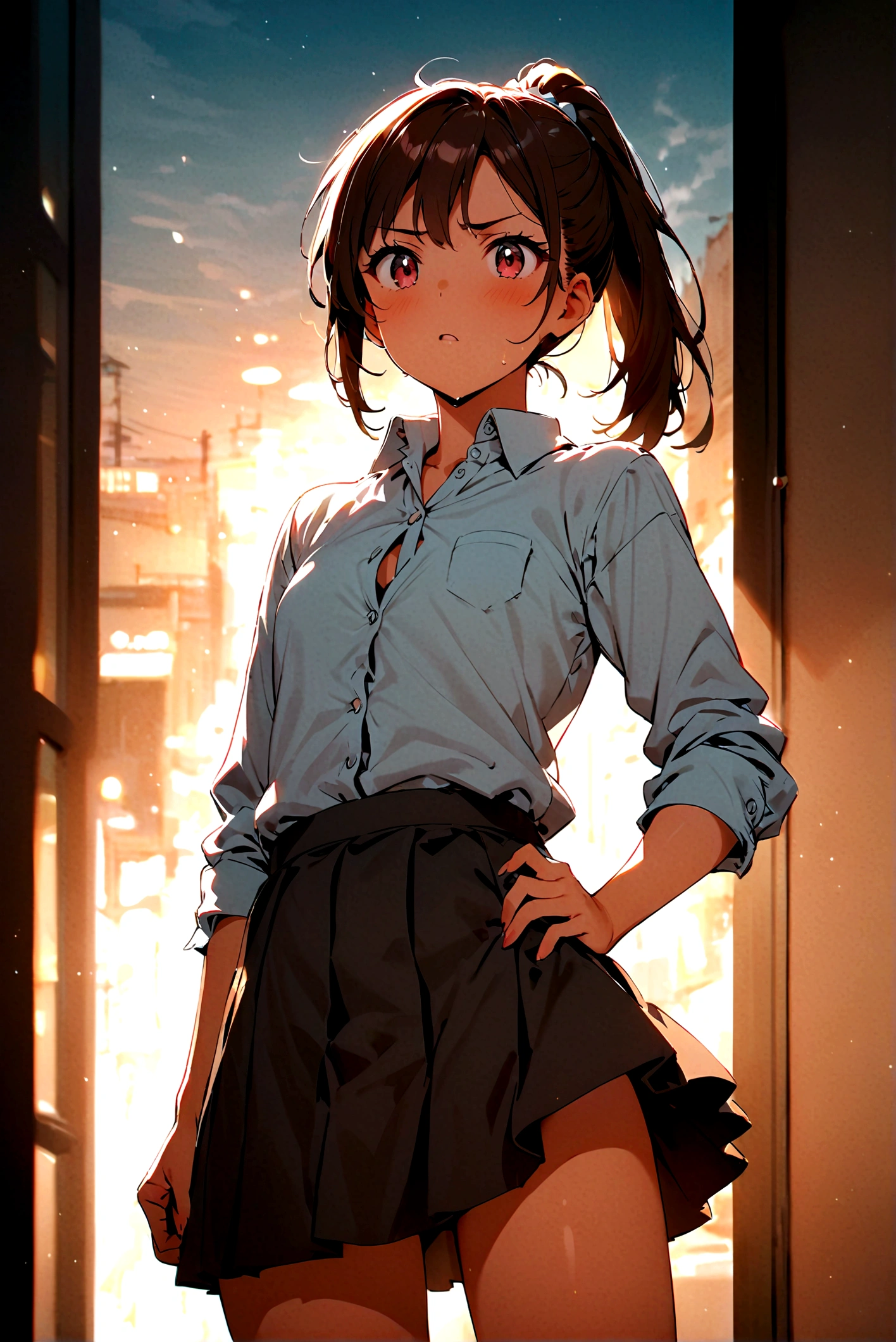 Real adolescent daughters in a skirt, button up dress shirt, ponytail hair,