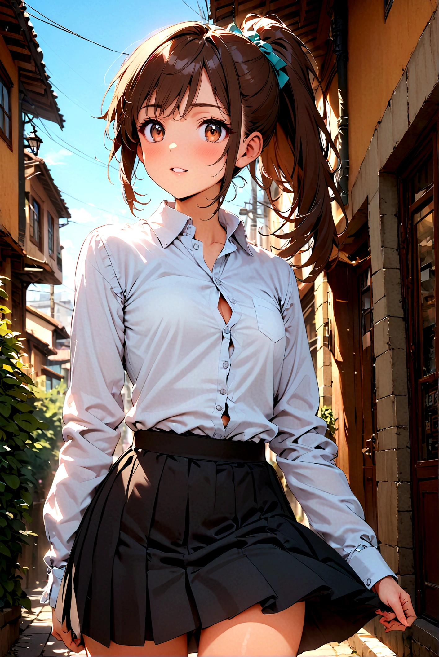 Real adolescent daughters in a skirt, button up dress shirt, ponytail hair,