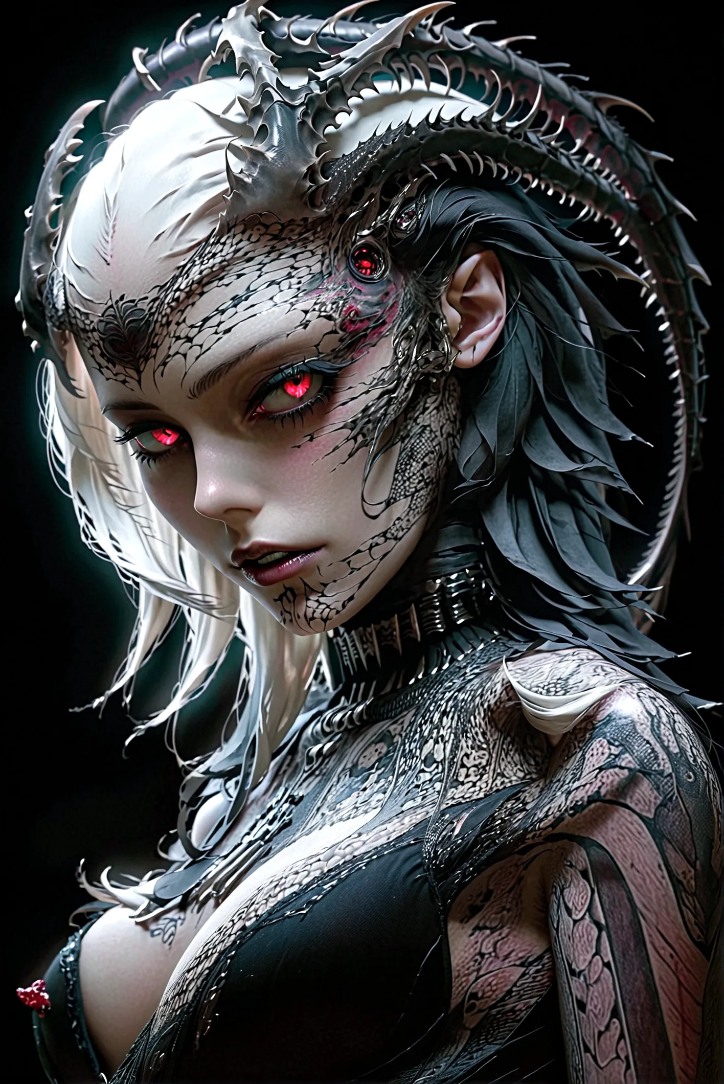 hr giger tattooed sexy seductive dead girl, perfect face, hyper detailed ruby eyes, full body view,