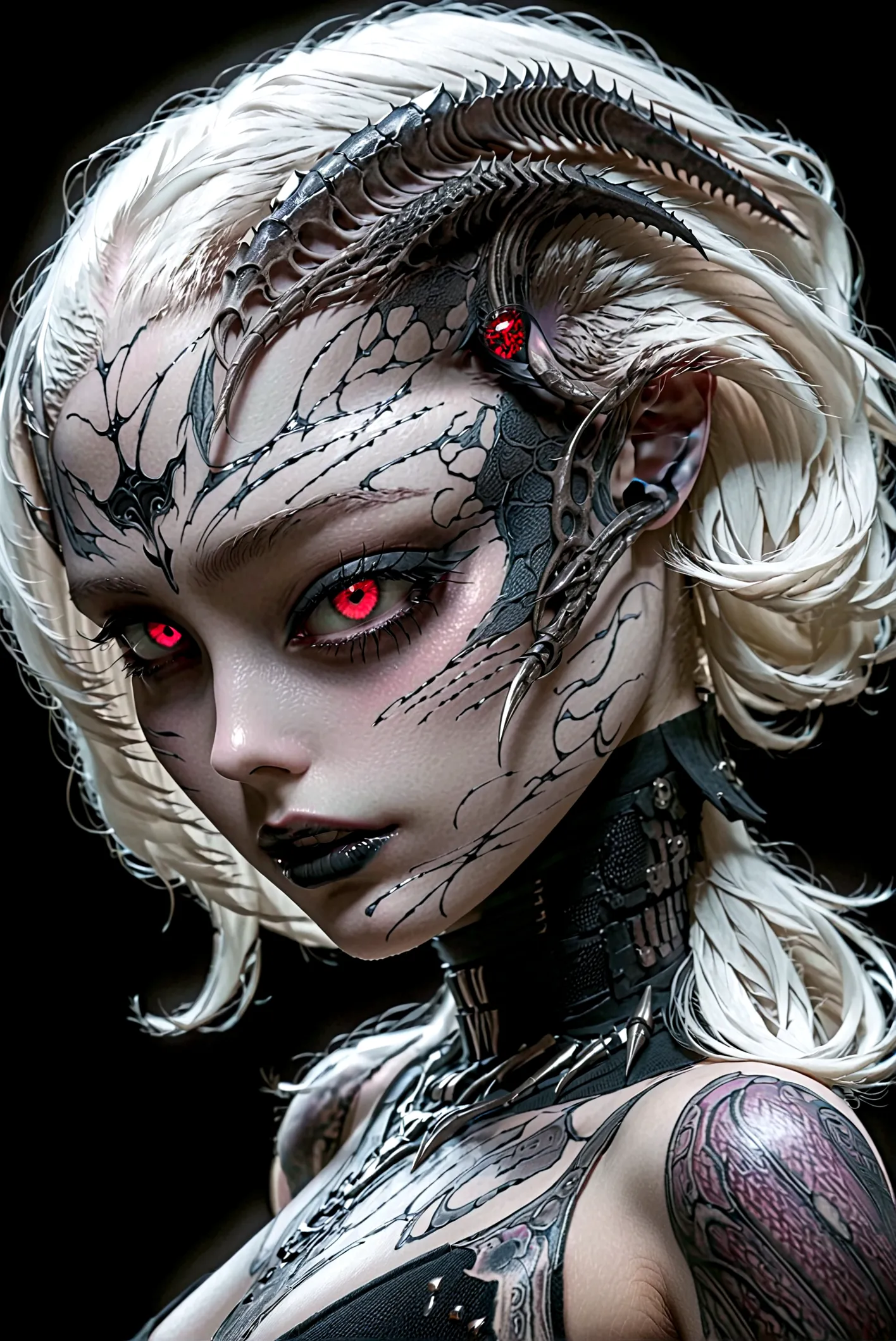 hr giger tattooed sexy seductive dead girl, perfect face, hyper detailed ruby eyes, full body view,