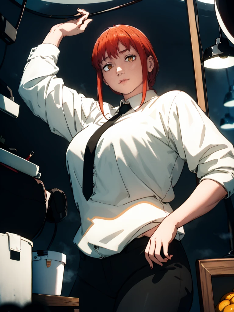 Le personnage Makima de la série animée Chainsaw Man, fragile, obésité morbide, ssbbw, pleine longueur (corps entier 1.1.), fond sombre, obscurité, anatomie correcte 1.1, anatomie correcte de la main, Très féminin, corps gras et rond, grosses Jambes, fesses, beau corps obèse, ventre rond et mou très gras, cheveux roux, Yeux oranges, Cercles rouges pour les écoliers, chemise blanche, jupe noire, cravate noire, pose sexy, réaliste, very détaillé, beau corps, détaillé body, détaillé hands, détaillé, vibrant, détaillé Face, Conception des personnages de Makima. very détaillé, détaillé body, détaillé hands, détaillé Face, Art animé, Hugh Détails, Visage très abattu, détaillé eyes, Illustration ultra fine, Meilleure ombre, détail fin, beautiful détaillé glow, beautiful détaillé, Extraordinairement beau, extremely détaillé, inexpressif, composition épique, Style animé. art animé, Style animé. Jupe noire, chemise blanche, cravatte, pose sexy