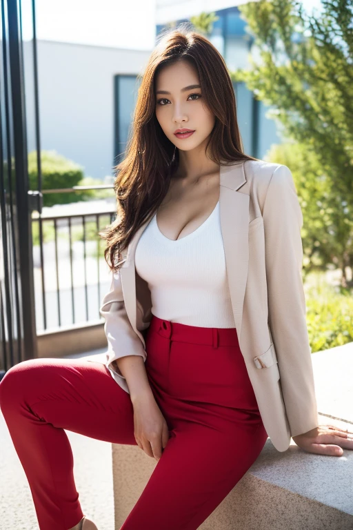 (Highest quality、Ultra-high resolution、masterpiece、8K、Realistic raw photo)、(Delicate face、Detailed eyes and face、Watery eyes、double eyelid、Glossy lips), ((1 girl)) 、Very beautiful woman、Slender、Slim Big、Sharp long legs、Alluring and sexy、(Random color blazer:1.2)、(Random color pants:1.2)、(High heels)、Cleavage、High-definition skin texture、The wind is blowing、Sunlight shining、Modern architecture in the background、Above the knee shot、((Perfect Anatomy、Anatomically correct:1.2))
