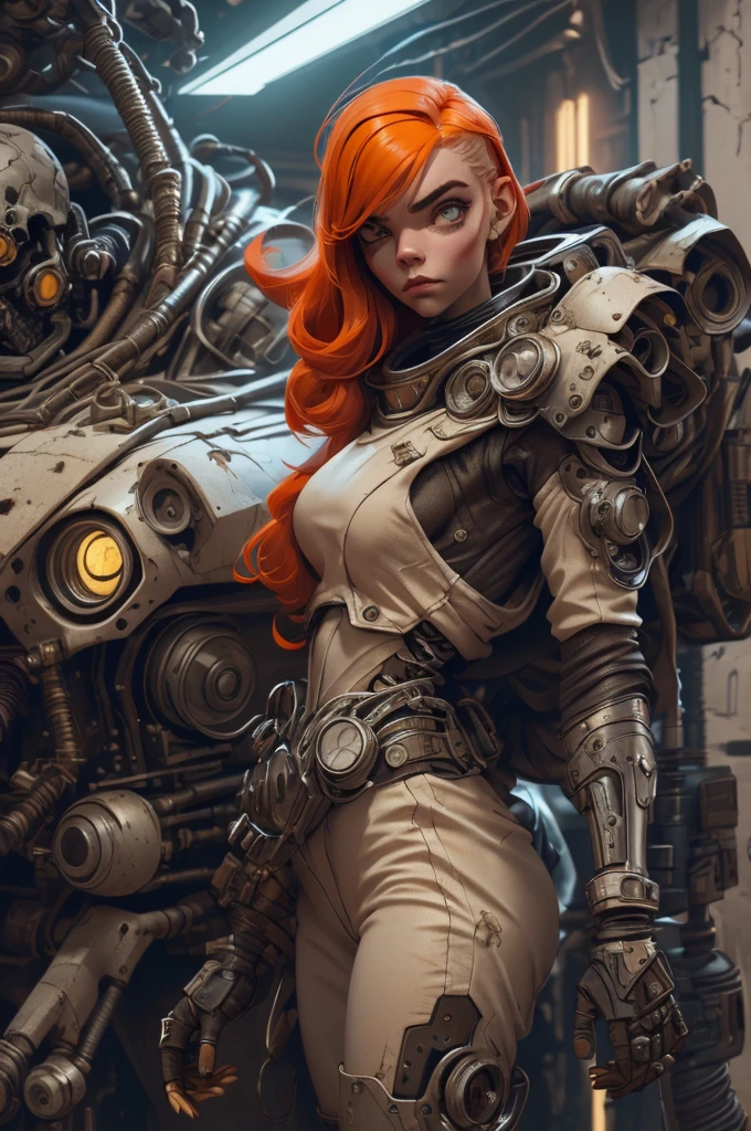 (((mulher))), (((melhor qualidade))), (((obra prima))), (((adulto))), A highly detailed and realistic skull girl,( Anya. Taylor Joy) cyberpunk character, mad max furiosa, one hand robot, cyborg arm, orange hair, dramatic metal heavy rock theme, best quality, 8k, hyperrealistic, photorealistic, extreme detailed painting, studio lighting, vivid colors, dark moody atmosphere, cinematic, dramatic pose, intricate mechanical details, glowing energy effects, intense gritty textures, seamless integration of organic and inorganic elements. Wearing the used clothes of a wastelander. Background: An apocalyptic wasteland. Dusty and depressing.