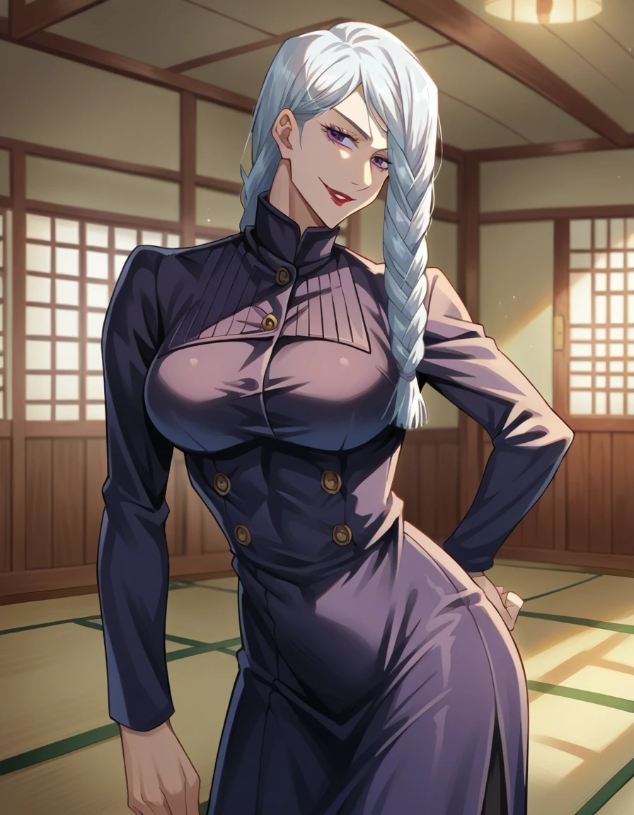 score_9, score_8_up, score_7_up, source_anime,
Meimei, Mei Mei, white braided hair, purple eyes, red lips,
Black tight dress, jujutsu kaisen uniform,
indoors, dojo,
solo, naughty smile, looking at viewer,  standing in seductive pose