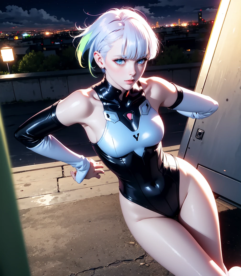 Masterpiece, best quality, 16k resolution, NVIDIA RTX Ray Tracing technology, Create a 4K resolution, ultra-realistic, and extremely detailed artwork, award winning, retina, soft light, sharp focus.(hyper-realistic:1.4), (Night, night time:1.4), from above

cyberpunklucy, lucy, short hair, bangs, blue eyes, blue hair, multicolored hair, makeup, (multicolored eyes:1.3), smile, standing, raise one leg

BREAK bare hips, bodysuit, leotard, monowire, off shoulder, off-shoulder open clothes, MIDRIFF

BREAK outdoors, city, moon, night, sky, clouds,

sexy, Sexy, smooth perfect skin, smooth_skin

Beautiful、(red blush)、Sexy

FULL BODY SHOT, ultra wide angle, textured skin, face detail, clean skin, perfect hands, perfect anatomy, anatomically correct,

(Realistic park:1.3)