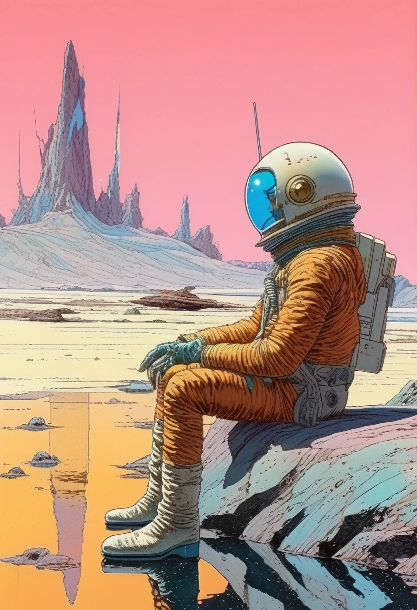 Mobis (Jean Giraud) Style - A picture by Jean Giraud Mobis, The picture shows an interstellar explorer resting by the water., 巨大的白色骨骼背景western backdrop in Mobis' signature style with sharp detailing and vibrant colors. Shot with Panavision Panaflex Gold II and Ultra Panavision 70 lenses, The image is full of film grain and low-key lighting，It creates a mysterious and tense atmosphere.