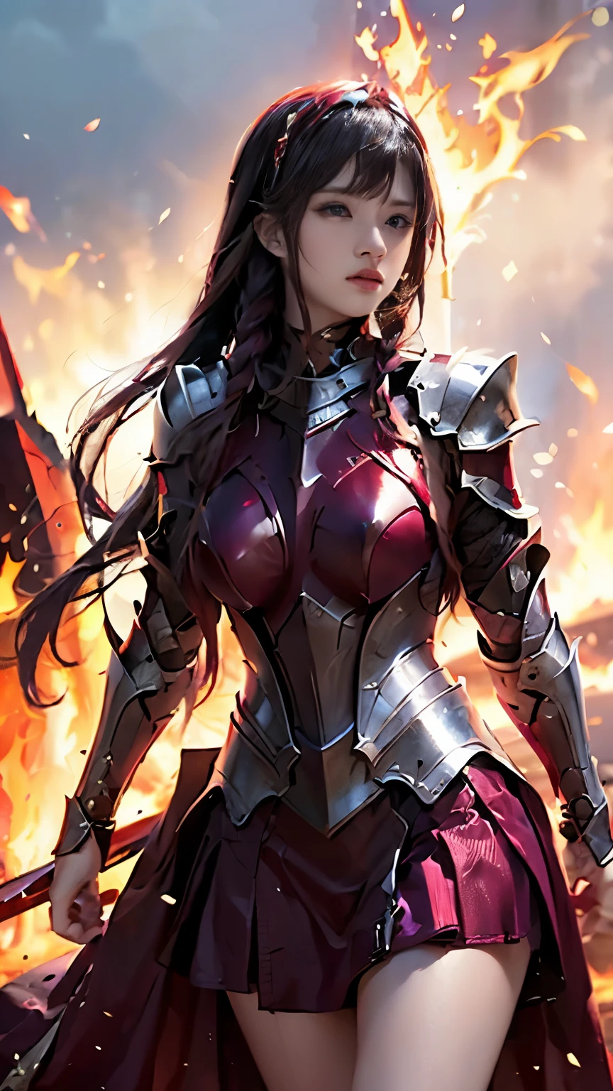 Very beautiful woman、Slender women、(Detailed face)、Realistic Skin、((Knight of Fire)), (((Red Armor:1.25)))、((((Black armor with very fine and intricate decoration))))、((Delicate photo))，(Girl Astepeace RAW Photo Details:1.25), (highest quality:1.6), (超A high resolution:1.5), (Realistic:1.75), 8K resolution, Canon EOS R5, 50mm, Absurd, Ultra-detailed,Cinema Lighting,Battlefields of Medieval Europe、((battle))、RPG World、Final Fantasy、(((Embellished skirt)))、Thigh-high socks、Shin Guards、night、((too long bangs))、((One long thick dark red hair braid))、Get six-pack、Torn Cloak、Beautiful Armor、(((Giant Sword)))、In combat、The wind is blowing、(((Inferno filling the entire area)))、(((Leading a large group of red knights)))、(((Knight Commander)))、Armor with a Phoenix motif、Old scar on right cheek:1.2、((Fire blaze))、(((Battle Scene)))