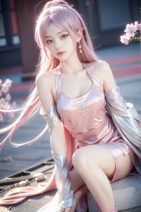beautiful girl, pink hair, best quality, high resolution, unity 8k wallpaper, beautiful daoists sect background,perfect silver e...