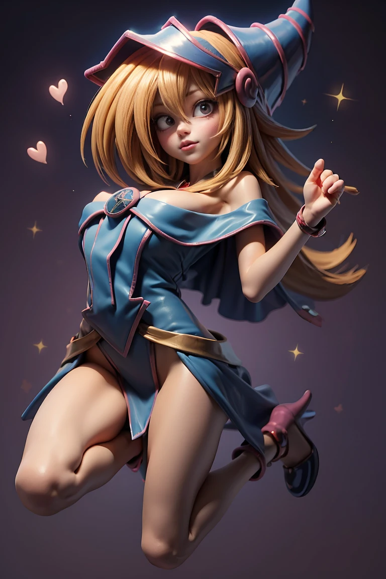 (Masterpiece:1.2), (The best quality:1.2), perfect lighting, Dark Magician Girl casting a spell, floating in the air, big tits, neckline, magic background. Transparent hearts in the air, blue robe, big hat, From above, sparkles, Yugioh Card in the background. In heels and a bikini 