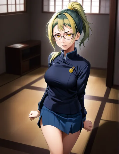 score_9, score_8_up, score_7_up, source_anime,
makizenin, maki zenin, green ponytail hair, glasses, yellow eyes,
blue tight skir...