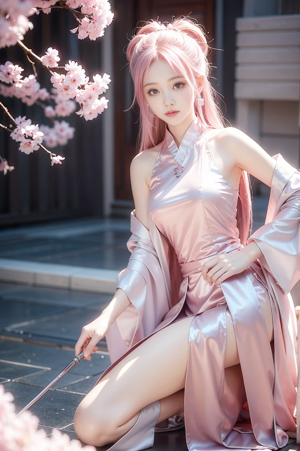 beautiful girl, pink hair, best quality, high resolution, unity 8k wallpaper, beautiful daoists sect background,perfect silver eyes