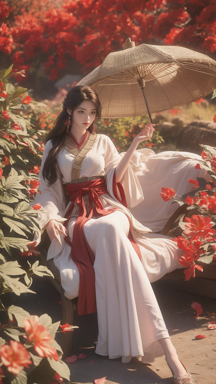 Une belle femme aux courbes parfaites portant une robe longue qui flotte doucement dans les airs,La belle femme était assise dans une mer de belles fleurs qui l&#39;entouraient, la fille tenant un parapluie chinois traditionnel , son corps flexible augmente à chaque mouvement, Tellement enchanteur, la faible lueur des bougies, les papillons brillants combattant l&#39;obscurité de la nuit, la lumière de la lune, Le vent de la nuit souffle sur les rideaux, les pétales de fleurs roses , des pétales de fleurs volent dans la pièce, Danse chinoise, Cette femme est si belle qu&#39;elle attire tous ceux qui la regardent, La Chine ancienne, impératrice impériale 