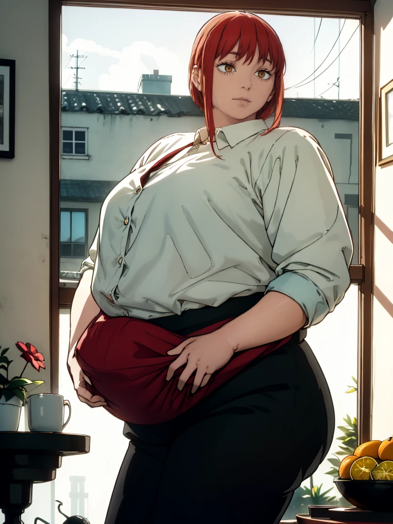 Le personnage Makima de la série animée Chainsaw Man, fragile, obésité morbide, ssbbw, pleine longueur (corps entier 1.1.), fond sombre, obscurité, anatomie correcte 1.1, anatomie correcte de la main, Très féminin, corps gras et rond, grosses Jambes, fesses, beau corps obèse, ventre rond et mou très gras, cheveux roux, Yeux oranges, Cercles rouges pour les écoliers, chemise blanche, jupe noire, cravate noire, pose sexy, réaliste, very détaillé, beau corps, détaillé body, détaillé hands, détaillé, vibrant, détaillé Face, Conception des personnages de Makima. very détaillé, détaillé body, détaillé hands, détaillé Face, Art animé, Hugh Détails, Visage très abattu, détaillé eyes, Illustration ultra fine, Meilleure ombre, détail fin, beautiful détaillé glow, beautiful détaillé, Extraordinairement beau, extremely détaillé, inexpressif, composition épique, Style animé. art animé, Style animé. Jupe noire, chemise blanche, cravatte, pose sexy, yeux jaunes