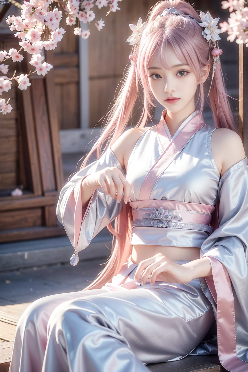 eautiful girl, pink hair, best quality, high resolution, unity 8k wallpaper, beautiful daoists sect background,perfect silver eyes,chinese ancient pink clothes