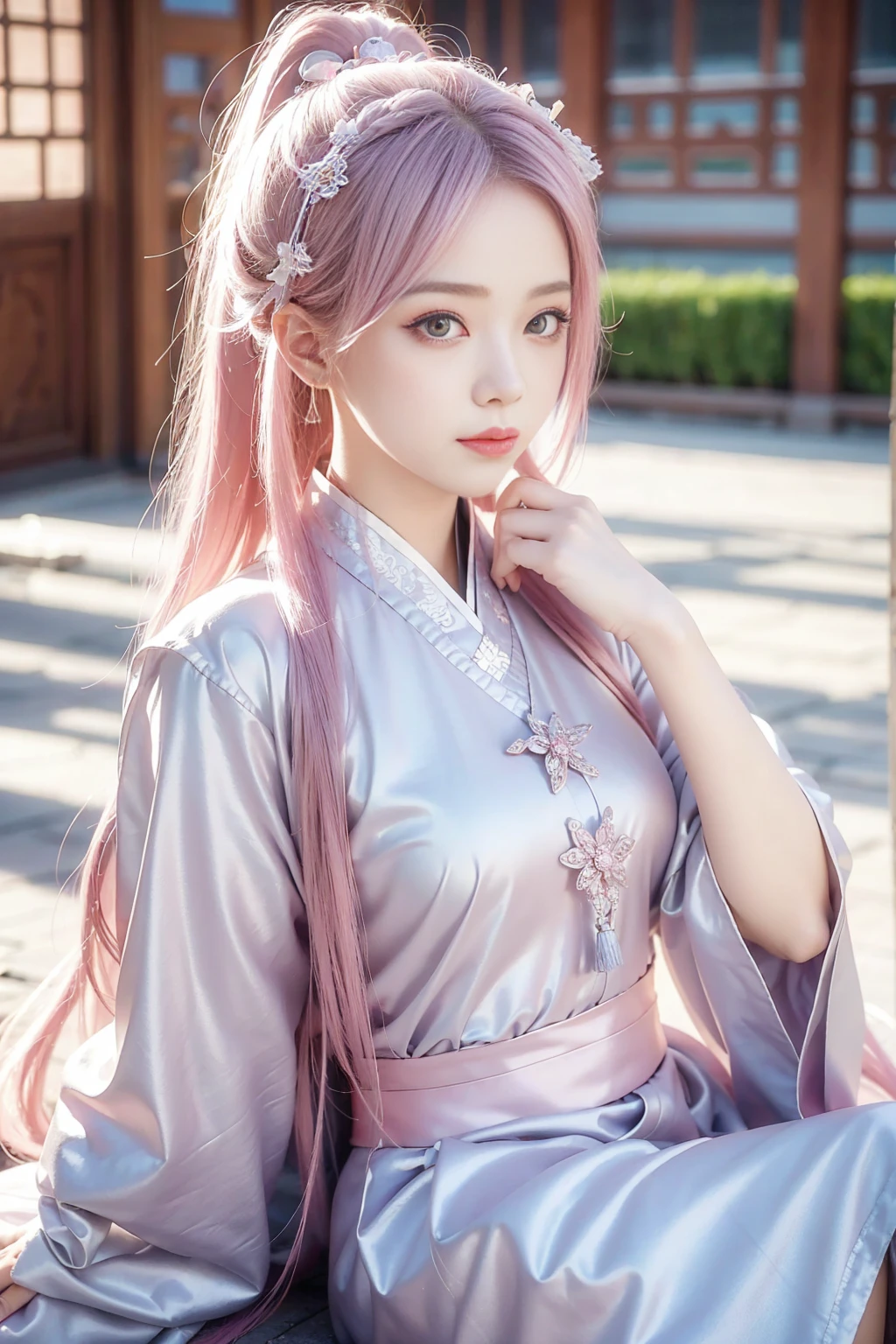 eautiful girl, pink hair, best quality, high resolution, unity 8k wallpaper, beautiful daoists sect background,perfect silver eyes,chinese ancient pink clothes