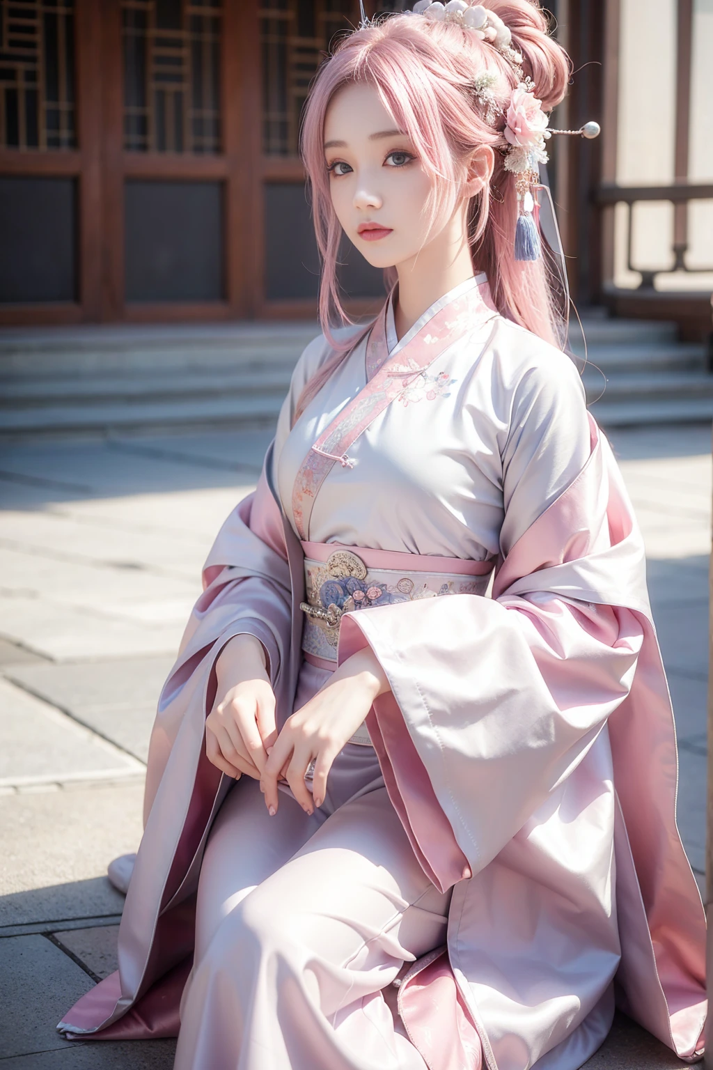 eautiful girl, pink hair, best quality, high resolution, unity 8k wallpaper, beautiful daoists sect background,perfect silver eyes,chinese ancient pink clothes