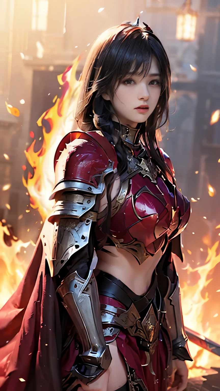 Very beautiful woman、Slender women、(Detailed face)、Realistic Skin、((Knight of Fire)), (((Red Armor:1.25)))、((((Black armor with very fine and intricate decoration))))、((Delicate photo))，(Girl Astepeace RAW Photo Details:1.25), (highest quality:1.6), (超A high resolution:1.5), (Realistic:1.75), 8K resolution, Canon EOS R5, 50mm, Absurd, Ultra-detailed,Cinema Lighting,Battlefields of Medieval Europe、((battle))、RPG World、Final Fantasy、(((Embellished skirt)))、Thigh-high socks、Shin Guards、night、((too long bangs))、((Long straight black hair))、Get six-pack、Torn Cloak、Beautiful Armor、(((Giant Sword)))、In combat、The wind is blowing、(((Inferno filling the entire area)))、(((Leading a large group of red knights)))、(((Knight Commander)))、Armor with a Phoenix motif、Old scar on right cheek:1.2、((Fire blaze))、(((Battle Scene)))