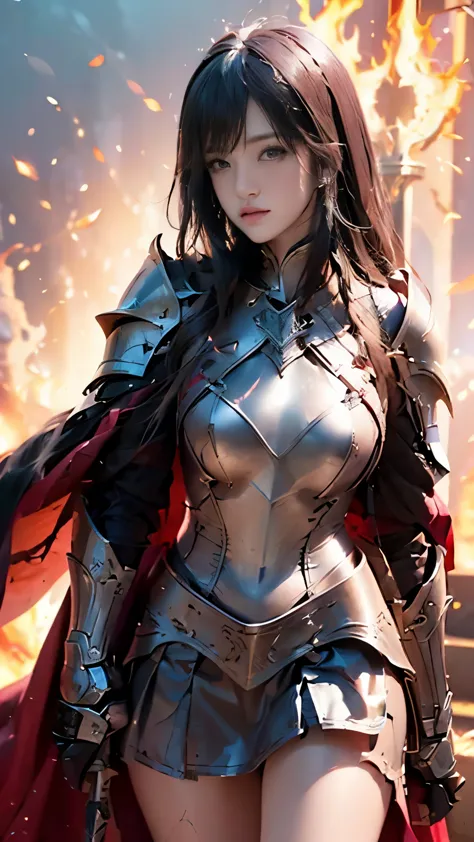 very beautiful woman、slender women、(detailed face)、realistic skin、((knight of fire)), (((red armor:1.25)))、((((black armor with ...