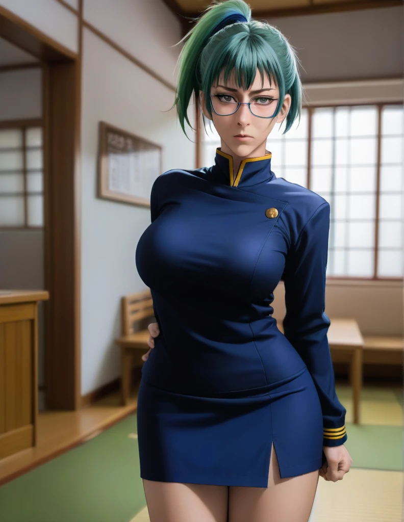 score_9, score_8_up, score_7_up, source_anime,
MakiZenin, Maki Zenin, green ponytail hair, glasses, yellow eyes,
blue tight skirt, blue tight jacket, jujutsu kaisen uniform,
indoors, dojo, seductive pose,
solo, looking at viewer, 