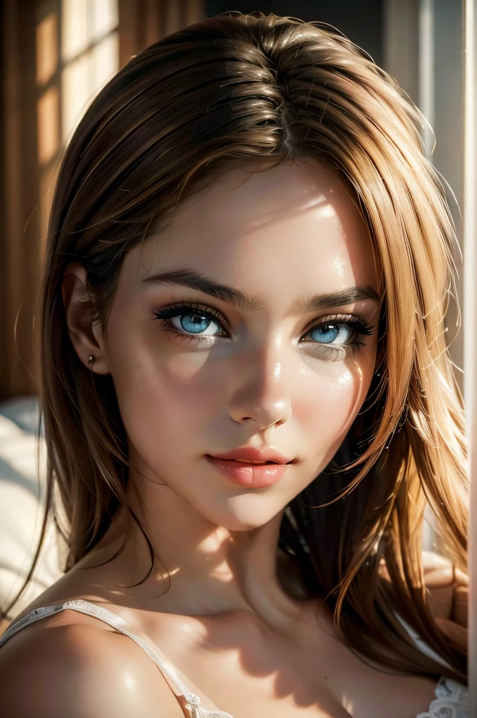 a 25 year old girl in a semi-transparent nightgown lying on a bed, beautiful detailed eyes, beautiful detailed lips, extremely detailed eyes and face, longeyelashes, serene expression, soft lighting, warm color tones, (best quality,4k,8k,highres,masterpiece:1.2),ultra-detailed,(realistic,photorealistic,photo-realistic:1.37),high quality portrait,natural lighting,dreamy atmosphere