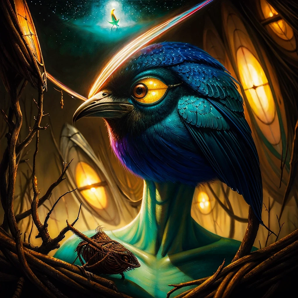 Ein faszinierendes hyperrealistisches Porträt von Esao Andrews, das eine außerirdische Mensch-Vogel-Kreatur zeigt. Das biolumineszierende Wesen hat eine schlanke Form, mit einer komplexen inneren Struktur und durchsichtiger Haut, die eine schillernde Anordnung von mehrfarbigen Neonpunkten enthüllt, die einen fesselnden Schein abgeben. Die Kreatur wiegt zart ihr vogelartiges Gesicht, umgeben von einer rätselhaften Atmosphäre. Das Kunstwerk integriert meisterhaft die charakteristischen künstlerischen Techniken von Esao Andrews, ein Gefühl von Wunder und Mystik hervorrufend, und zieht den Betrachter in eine Welt der Fantasie und Neugier.