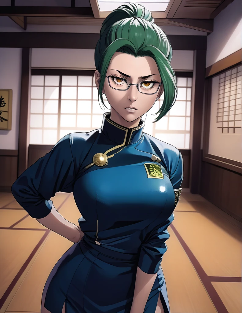 score_9, score_8_up, score_7_up, source_anime,
MakiZenin, Maki Zenin, green ponytail hair, glasses, yellow eyes,
blue tight skirt, blue tight jacket, jujutsu kaisen uniform,
indoors, dojo, seductive pose,
solo, looking at viewer, 