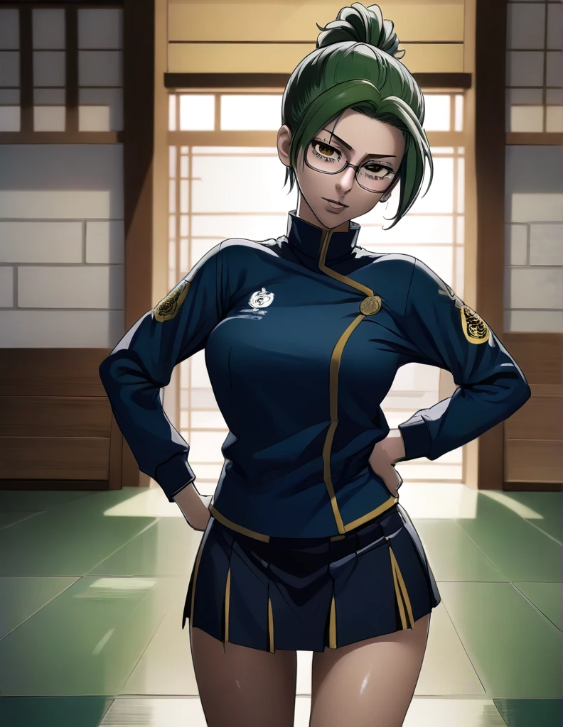 score_9, score_8_up, score_7_up, source_anime,
MakiZenin, Maki Zenin, green ponytail hair, glasses, yellow eyes,
blue tight skirt, blue tight jacket, jujutsu kaisen uniform,
indoors, dojo, seductive pose,
solo, looking at viewer, 