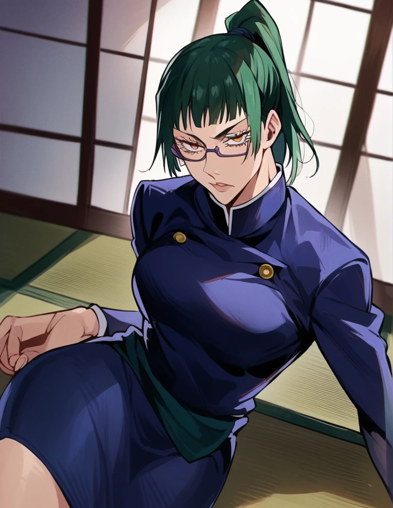 score_9, score_8_up, score_7_up, source_anime,
MakiZenin, Maki Zenin, green ponytail hair, glasses, yellow eyes,
blue tight skirt, blue tight jacket, jujutsu kaisen uniform,
indoors, dojo, seductive pose,
solo, looking at viewer, 