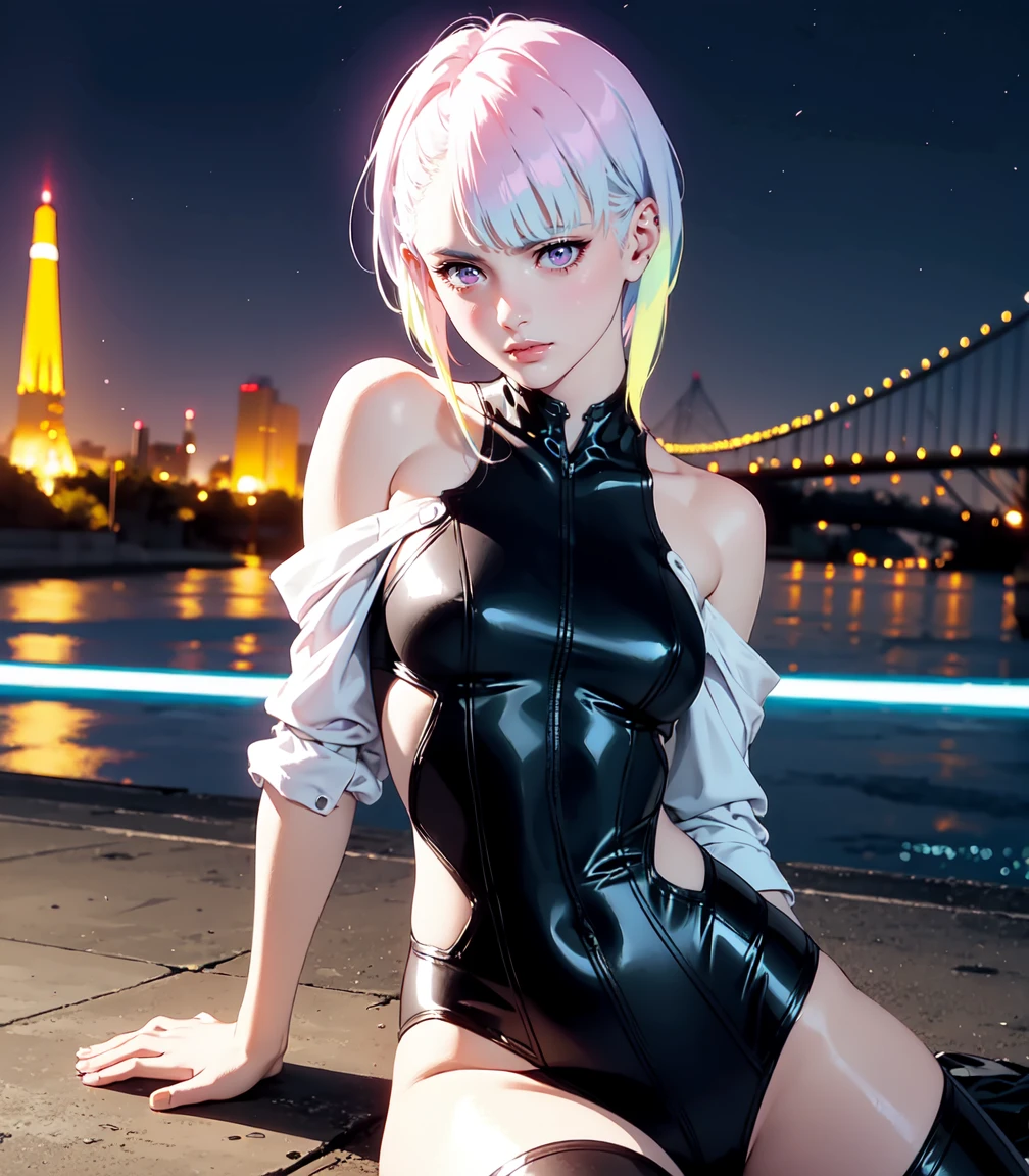 Masterpiece, best quality, 16k resolution, NVIDIA RTX Ray Tracing technology, Create a 4K resolution, ultra-realistic, and extremely detailed artwork, award winning, retina, soft light, sharp focus.(hyper-realistic:1.4), (Night, night time:1.4), from above

cyberpunklucy, lucy, short hair, bangs, blue eyes, blue hair, multicolored hair, makeup, (multicolored eyes:1.3), smile, model pose, modeling

BREAK bare hips, bodysuit, leotard, monowire, off shoulder, off-shoulder open clothes, MIDRIFF

BREAK outdoors, city, moon, night, sky, clouds,

sexy, Sexy, smooth perfect skin, smooth_skin

Beautiful、(red blush)、Sexy

FULL BODY SHOT, ultra wide angle, textured skin, face detail, clean skin, perfect hands, perfect anatomy, anatomically correct,

(Realistic park:1.3)