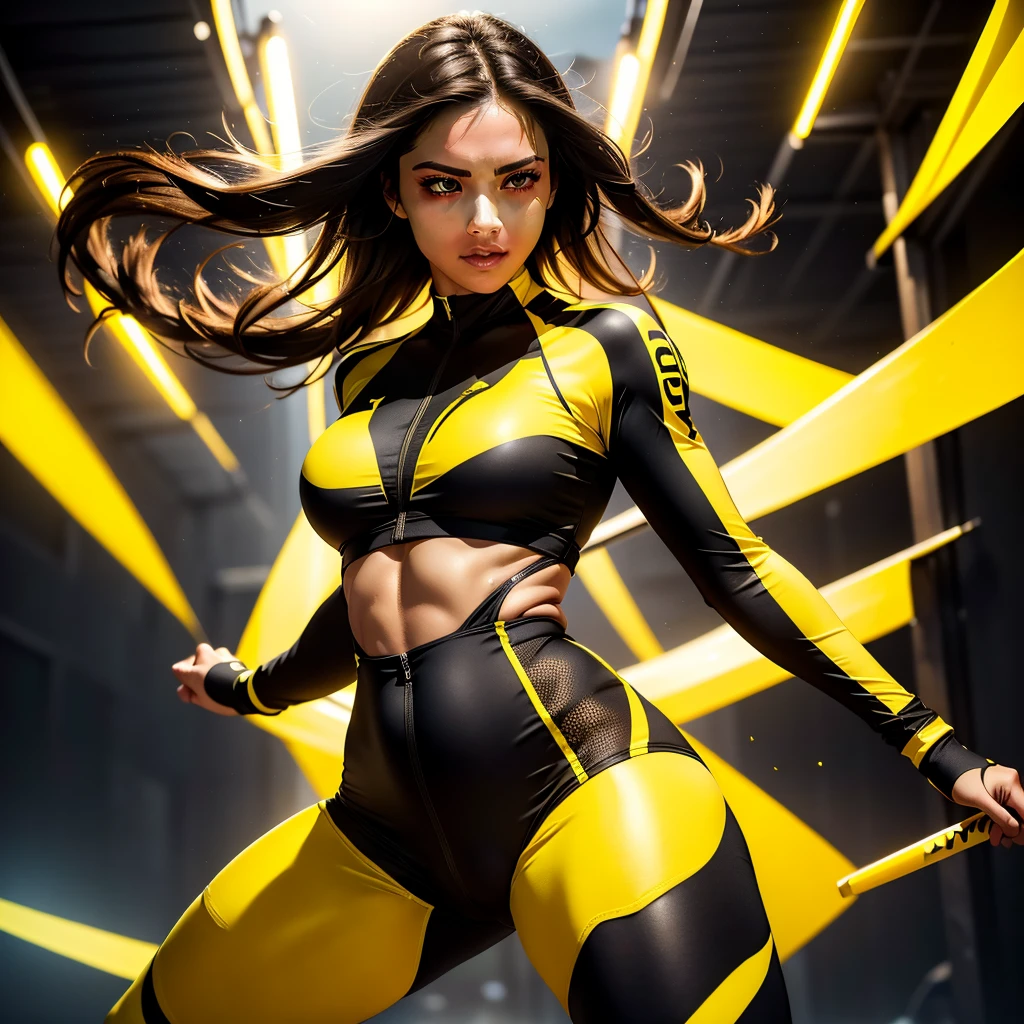 a woman in a tight-fitting yellow and black athletic outfit, full-body outdoor portrait, engaged in sports, dynamic pose, realistic, photorealistic, extremely detailed, 8k, highly detailed, realistic lighting, professional photography, dynamic composition, sharp focus, vivid colors, warm tones