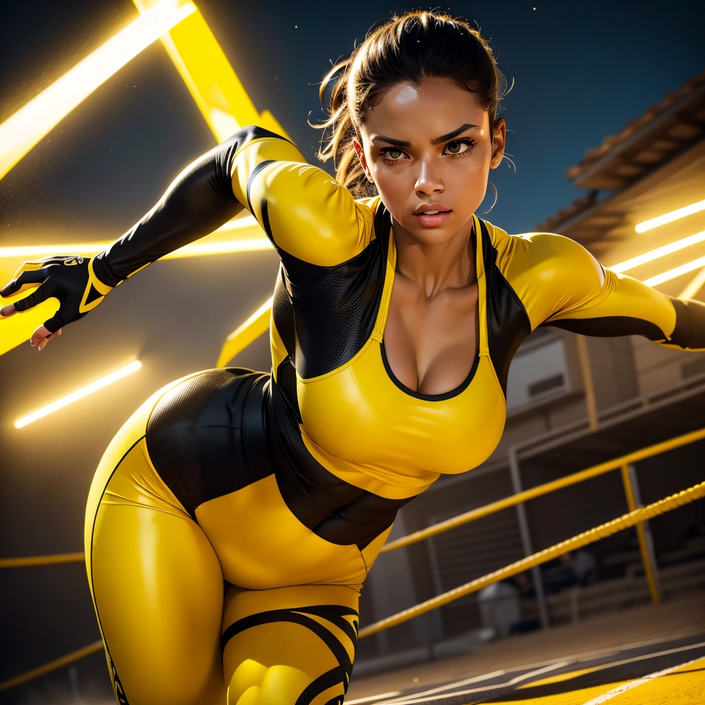 une femme dans une tenue de sport moulante jaune et noire, portrait extérieur du corps entier, engagé dans le sport, pose dynamique, Réaliste, photoRéaliste, extrêmement détaillé, 8k, très détaillé, Réaliste lighting, photographie professionnelle, composition dynamique, netteté, Couleurs vives, tons chauds