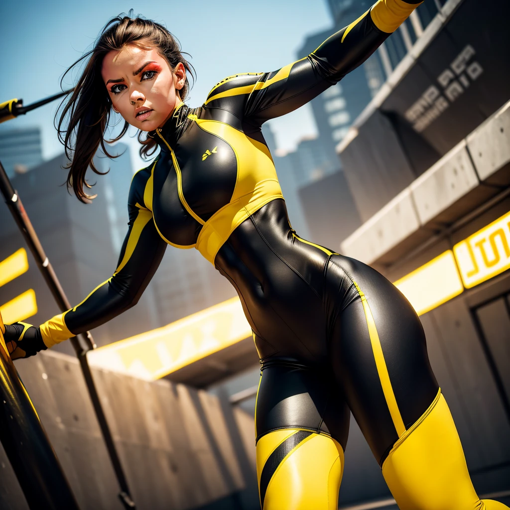 a woman in a tight-fitting yellow and black athletic outfit, full-body outdoor portrait, engaged in sports, dynamic pose, realistic, photorealistic, extremely detailed, 8k, highly detailed, realistic lighting, professional photography, dynamic composition, sharp focus, vivid colors, warm tones