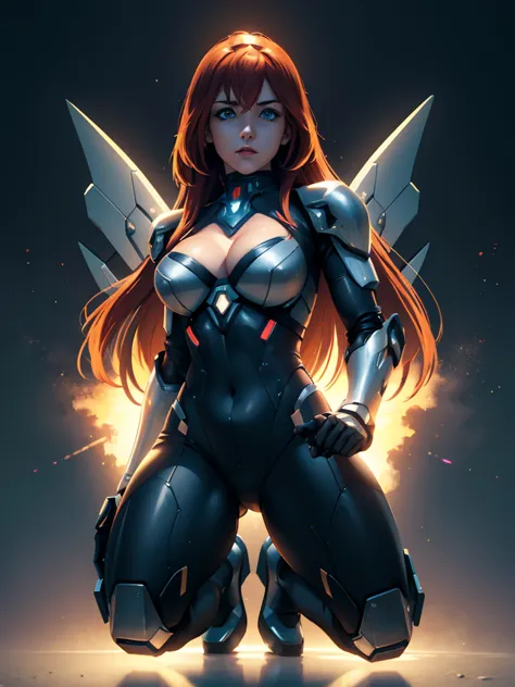 a girl wearing mecha cyber armor,technology bodysuit,smart lines in the costume,cleavage,tech boots,tech gloves,(mechanized valk...