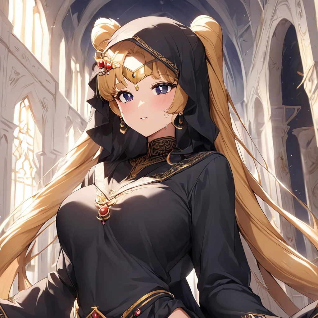 ((Highest quality)), ((masterpiece)), (detailed), （Perfect Face）、Women must wear black hijabs and niqabs、The woman is Tsukino Usagi, a devout Muslim., Arab with bright brown skin, In an Islamic prayer hall、She wears a gorgeous black abaya with gold embroidery.。, A gorgeous black hijab and niqab tightly covers her head, Gorgeous hair ornament, Gorgeous jewellery and engagement rings. The woman and the man are in a luxurious palace, And the woman、Wearing Arab national dress、In an Islamic prayer hall with a dignified bearded middle-aged Arab Muslim man。.、The woman is the elegant Tsukino Usagi, Her long blonde hair was tied in twin tails, Black abaya and、She is wearing a gorgeous, skin-tight black hijab and niqab.. She is a devout Muslim Arab with vibrant brown skin.。.、（The woman was named Tsukino Usagi.、He is a dark-skinned Arab and a devout Muslim.。.）